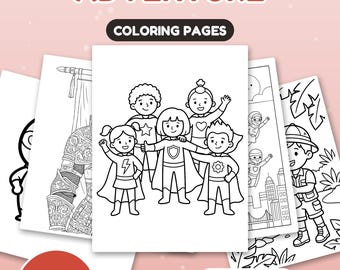 May include: A collection of 30 coloring pages titled SUPERHERO & ADVENTURE. The pages feature black and white line art illustrations of children in superhero costumes, a knight in armor, and an explorer in a jungle setting. Includes US Letter + A4.