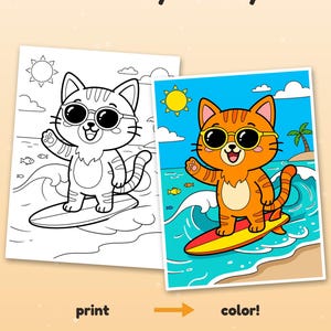 May include: Two coloring pages featuring a cartoon cat wearing sunglasses and surfing on a wave. The text reads Color it your way! print color! Example colored with AI, for inspiration (pages come in black & white).
