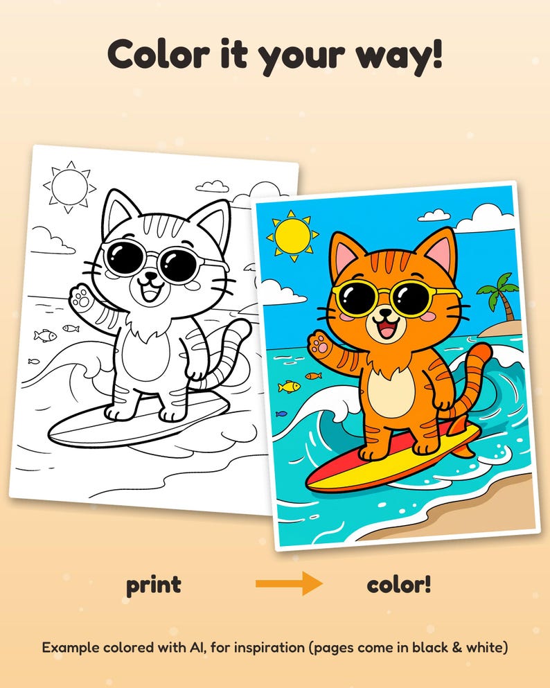 May include: Two coloring pages featuring a cartoon cat wearing sunglasses and surfing on a wave. The text reads Color it your way! print color! Example colored with AI, for inspiration (pages come in black & white).