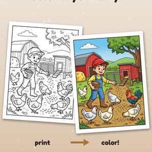 May include: Two coloring pages featuring a farm scene with a person feeding chickens. The text reads Color it your way! print, color! and Example colored with AI, for inspiration (pages come in black & white).