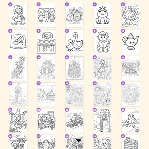 Puede incluir: Una colecci&oacute;n de 30 p&aacute;ginas para colorear en blanco y negro con ilustraciones de cuentos de hadas, incluyendo Caperucita Roja, los tres cerditos, un pr&iacute;ncipe rana, un castillo y una casa de jengibre, con etiquetas numeradas del 1 al 30.