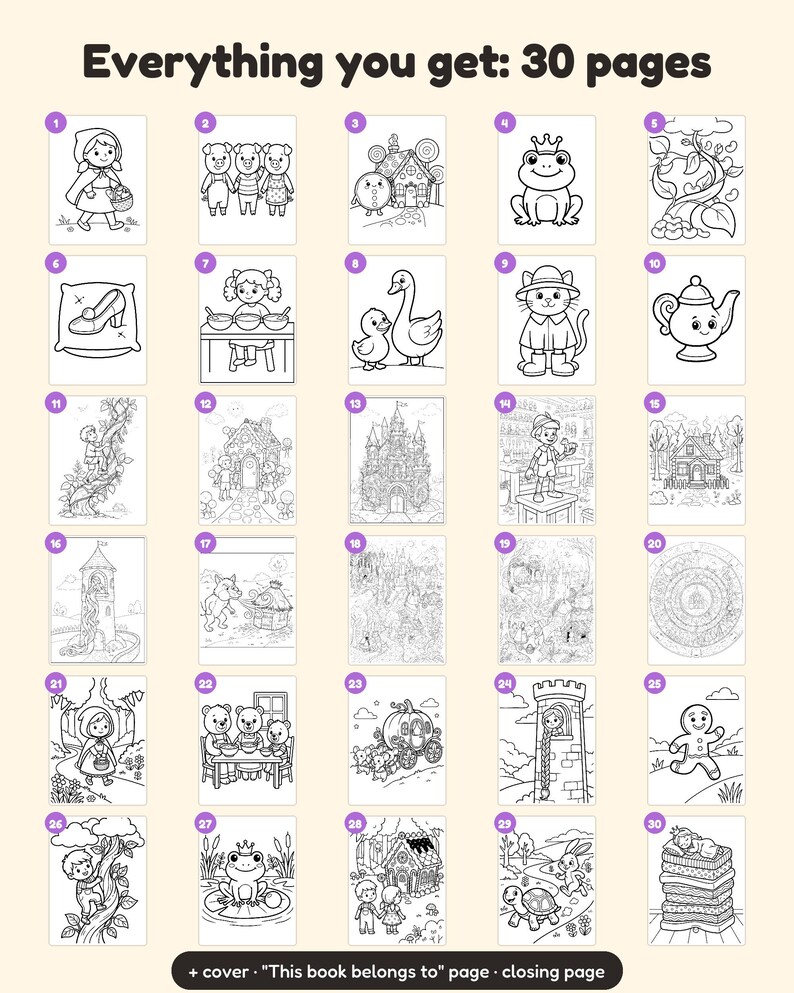 Puede incluir: Una colecci&oacute;n de 30 p&aacute;ginas para colorear en blanco y negro con ilustraciones de cuentos de hadas, incluyendo Caperucita Roja, los tres cerditos, un pr&iacute;ncipe rana, un castillo y una casa de jengibre, con etiquetas numeradas del 1 al 30.