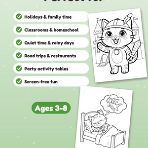 Puede incluir: Un conjunto de p&aacute;ginas para colorear con un gato vestido de caballero con espada y castillo, y un gato durmiendo en una cama so&ntilde;ando con un drag&oacute;n. El texto incluye "Perfect for" con una lista de actividades y "Ages 3-8".