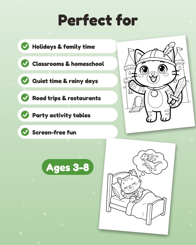 Puede incluir: Un conjunto de p&aacute;ginas para colorear con un gato vestido de caballero con espada y castillo, y un gato durmiendo en una cama so&ntilde;ando con un drag&oacute;n. El texto incluye "Perfect for" con una lista de actividades y "Ages 3-8".