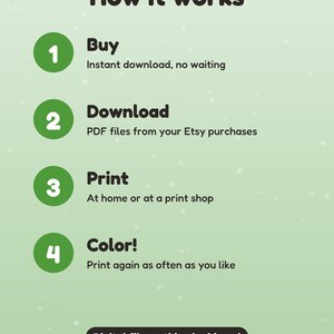 Puede incluir: Un gr&aacute;fico instructivo sobre un fondo verde claro titulado How it works. Enumera cuatro pasos: 1 Buy, 2 Download, 3 Print y 4 Color, con breves explicaciones para cada uno. Una insignia negra en la parte inferior indica Digital file: nothing is shipped.
