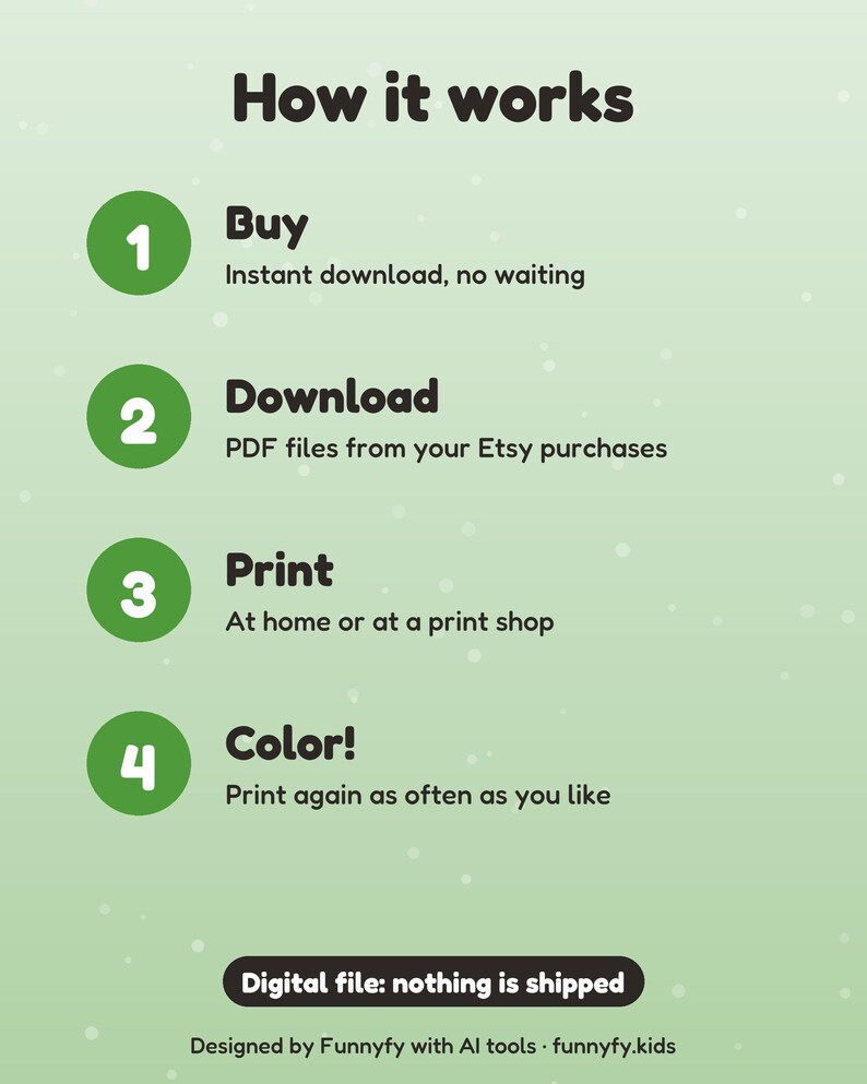 Puede incluir: Un gr&aacute;fico instructivo sobre un fondo verde claro titulado How it works. Enumera cuatro pasos: 1 Buy, 2 Download, 3 Print y 4 Color, con breves explicaciones para cada uno. Una insignia negra en la parte inferior indica Digital file: nothing is shipped.