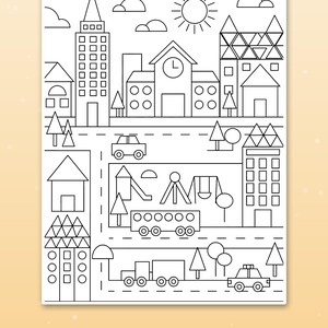 May include: A black and white coloring page featuring a city scene with buildings, a playground, a bus, cars, and a sun in the sky. The text at the bottom reads "Cute scenes kids love" in white letters on an orange background.