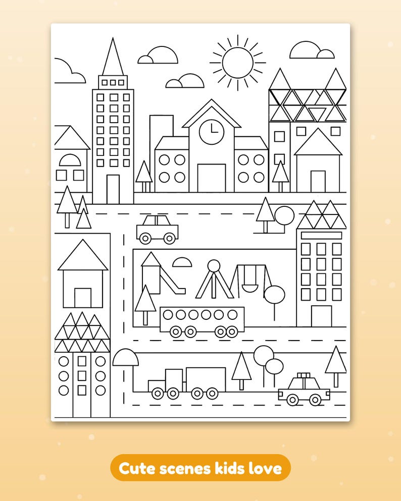 May include: A black and white coloring page featuring a city scene with buildings, a playground, a bus, cars, and a sun in the sky. The text at the bottom reads "Cute scenes kids love" in white letters on an orange background.