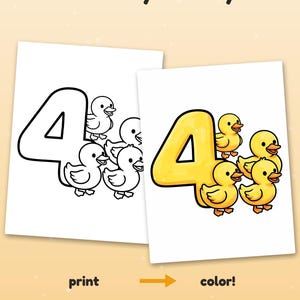 May include: Two printable coloring pages featuring the number four and four ducklings. One page is in black and white outlines, while the other is colored in yellow and orange. Text includes Color it your way!, print, color!, and Example colored with AI, for inspiration (pages come in black & white).