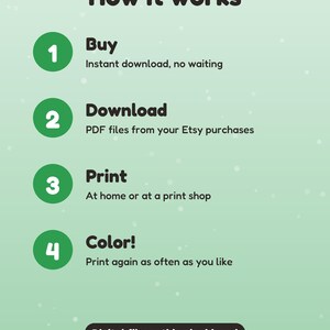 May include: A light green informational graphic titled How it works, listing four steps: 1 Buy, instant download, no waiting; 2 Download, PDF files from your Etsy purchases; 3 Print, at home or at a print shop; 4 Color, print again as often as you like.