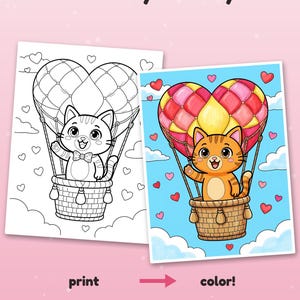 Może przedstawiać: Kolorowanka przedstawiająca kota w balonie w kształcie serca, z napisem Color it your way!, print oraz color!. Obraz pokazuje czarno-białą wersję liniową oraz wersję pokolorowaną w odcieniach czerwieni, ż&oacute;łci i pomarańczu.