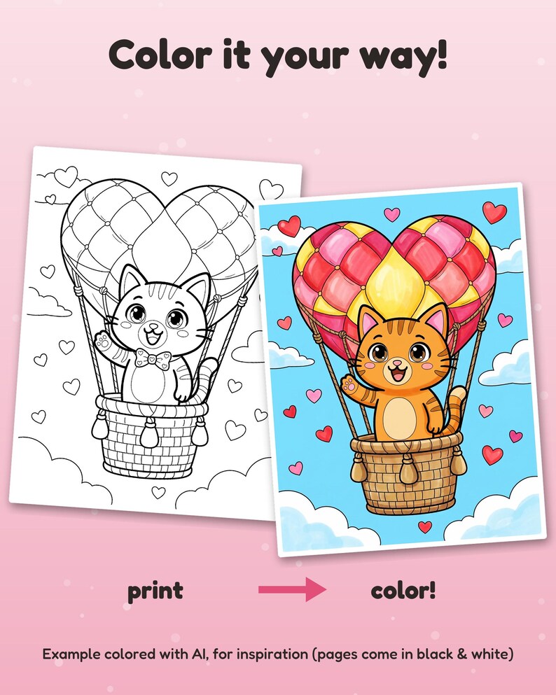 Może przedstawiać: Kolorowanka przedstawiająca kota w balonie w kształcie serca, z napisem Color it your way!, print oraz color!. Obraz pokazuje czarno-białą wersję liniową oraz wersję pokolorowaną w odcieniach czerwieni, ż&oacute;łci i pomarańczu.