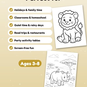 May include: Two colouring pages featuring black and white line art of a lion and a rhinoceros in a savanna landscape. The text includes "Perfect for," a list of activities, and "Ages 3-8" on a light tan background with checkmark icons.