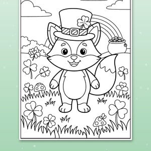 May include: A black and white coloring page featuring a fox wearing a top hat with a shamrock, standing in a field of clover and mushrooms. In the background, there is a rainbow and a pot of gold coins. The text reads: Cute scenes kids love.