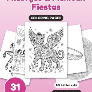 Puede incluir: Una colecci&oacute;n digital de 31 p&aacute;ginas para colorear titulada Alebrijes & Mexican Fiestas. Las p&aacute;ginas presentan dibujos de l&iacute;neas en blanco y negro que incluyen un jaguar alado, ni&ntilde;os con ropa tradicional, una pi&ntilde;ata y patrones. Incluye tama&ntilde;os US Letter y A4.