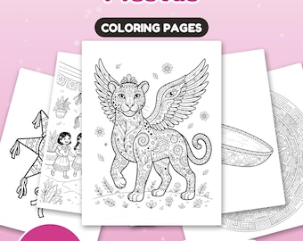 May include: A digital collection of 31 colouring pages titled Alebrijes & Mexican Fiestas. The pages feature black and white line art including a winged jaguar, children in traditional clothing, a piñata, and patterns. Includes US Letter and A4 sizes.