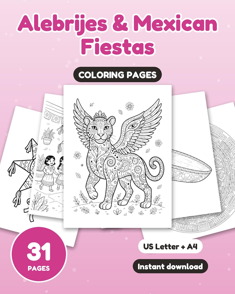Puede incluir: Una colecci&oacute;n digital de 31 p&aacute;ginas para colorear titulada Alebrijes & Mexican Fiestas. Las p&aacute;ginas presentan dibujos de l&iacute;neas en blanco y negro que incluyen un jaguar alado, ni&ntilde;os con ropa tradicional, una pi&ntilde;ata y patrones. Incluye tama&ntilde;os US Letter y A4.