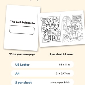 Puede incluir: Un conjunto de p&aacute;ginas para colorear con una p&aacute;gina de nombre 'This book belongs to' y dos ilustraciones de robots. Una muestra un robot saludando, la otra un robot leyendo en un sill&oacute;n. Incluye formatos US Letter 8.5 x 11 in y A4 21 x 29.7 cm.