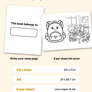 Puede incluir: Un conjunto de p&aacute;ginas para colorear digitales que incluye una p&aacute;gina 'This book belongs to' y una p&aacute;gina '2 per sheet ink saver' con una mochila y ni&ntilde;os almorzando. Incluye opciones de formato US Letter 8.5 x 11 in y A4 21 x 29.7 cm.