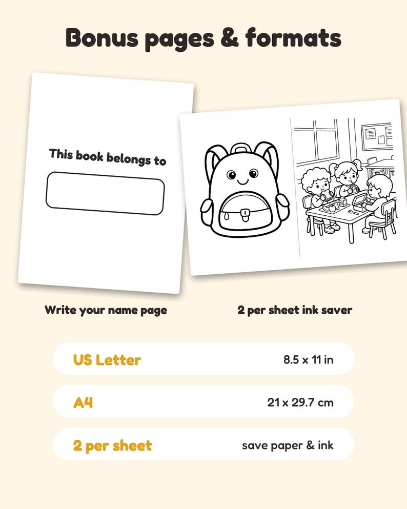 Puede incluir: Un conjunto de p&aacute;ginas para colorear digitales que incluye una p&aacute;gina 'This book belongs to' y una p&aacute;gina '2 per sheet ink saver' con una mochila y ni&ntilde;os almorzando. Incluye opciones de formato US Letter 8.5 x 11 in y A4 21 x 29.7 cm.