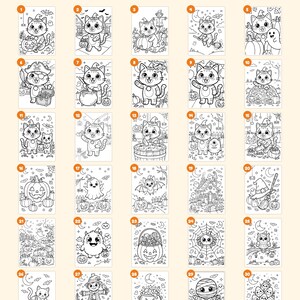 May include: A collection of 30 black and white coloring pages featuring Halloween-themed illustrations of cats, pumpkins, ghosts, and monsters. The text "Everything you get: 30 pages" is at the top, with "+ cover &middot; "This book belongs to" page &middot; closing page" at the bottom.