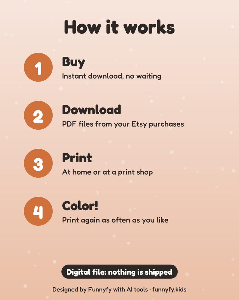 May include: An instructional graphic titled How it works with four numbered orange circles. Steps include: 1 Buy, instant download, no waiting; 2 Download, PDF files from your Etsy purchases; 3 Print, at home or at a print shop; 4 Color!, print again as often as you like. Includes a Digital file: nothing is shipped badge and text: Designed by Funnyfy with AI tools &middot; funnyfy.kids.