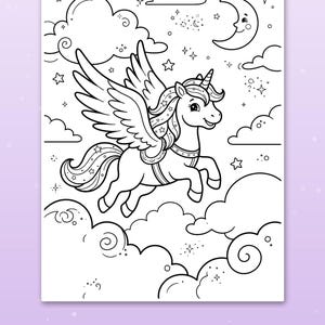 May include: A black and white coloring page featuring a winged unicorn flying through a night sky filled with clouds, stars, and a smiling crescent moon. The illustration is outlined with thick, bold lines for easy coloring.