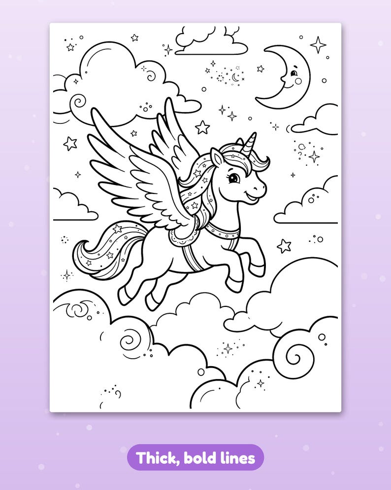May include: A black and white coloring page featuring a winged unicorn flying through a night sky filled with clouds, stars, and a smiling crescent moon. The illustration is outlined with thick, bold lines for easy coloring.