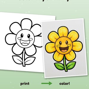 May include: A colouring page featuring a black and white line art flower with a smiling face, alongside a coloured version of the same flower. Text reads: Color it your way! print colour! Example coloured with AI, for inspiration (pages come in black & white)