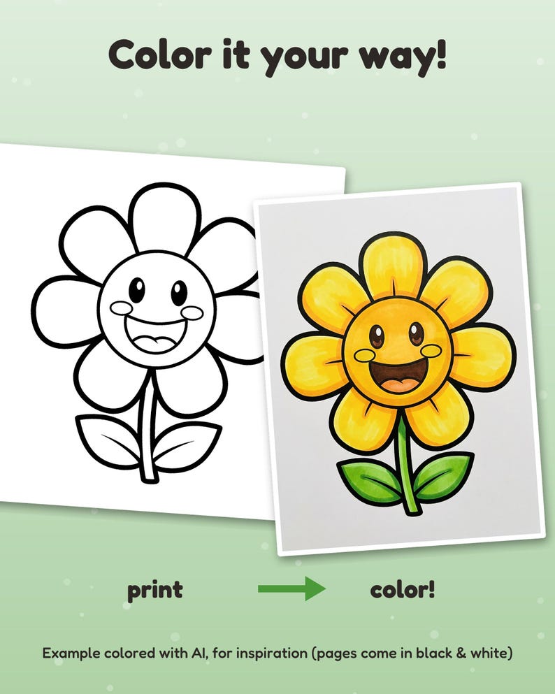 May include: A colouring page featuring a black and white line art flower with a smiling face, alongside a coloured version of the same flower. Text reads: Color it your way! print colour! Example coloured with AI, for inspiration (pages come in black & white)