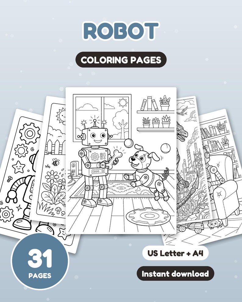 Puede incluir: Una colecci&oacute;n de 31 p&aacute;ginas para colorear imprimibles con ilustraciones de robots. Las p&aacute;ginas incluyen dibujos de l&iacute;neas de robots, perros mec&aacute;nicos y varias escenas. El texto dice ROBOT COLORING PAGES, 31 PAGES, US Letter + A4, Instant download.