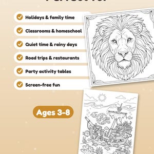 May include: Two black and white colouring pages featuring a lion portrait and an underwater shipwreck scene. Text includes "Perfect for," a list of activities with checkmarks, and "Ages 3-8." The pages are displayed against a light tan background.