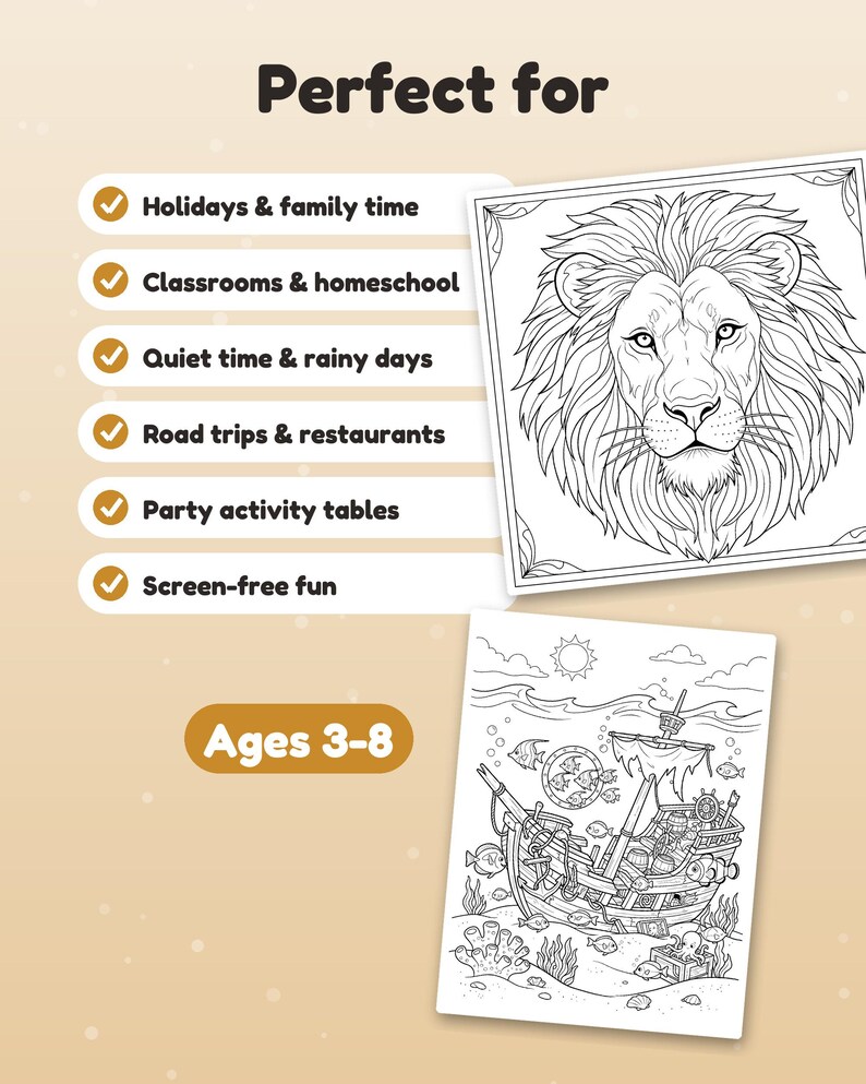 May include: Two black and white colouring pages featuring a lion portrait and an underwater shipwreck scene. Text includes "Perfect for," a list of activities with checkmarks, and "Ages 3-8." The pages are displayed against a light tan background.