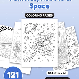 121 Coloring Pages Mega Bundle for Kids, Vehicles, Robots & Space Coloring Book, Vehicle and More, Printable PDF, Instant Download