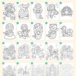 May include: A digital coloring book set featuring 20 pages of black and white line art illustrations of mermaids, sea creatures, underwater castles, and a mandala. The text Everything you get: 20 pages and + cover This book belongs to page closing page is included.