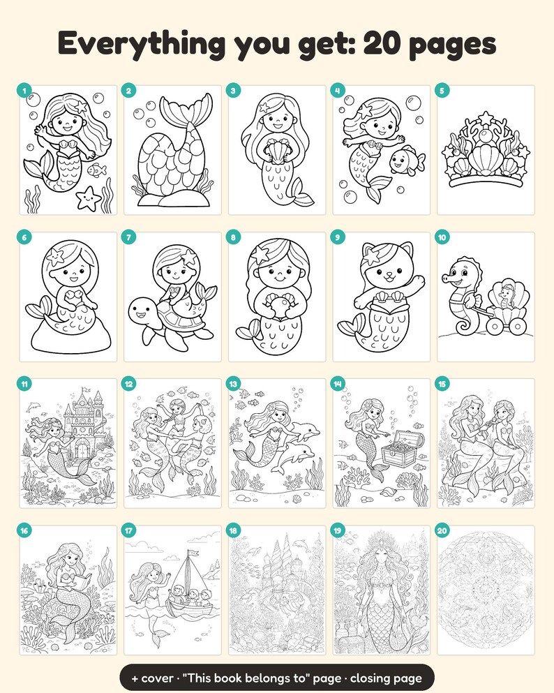 May include: A digital coloring book set featuring 20 pages of black and white line art illustrations of mermaids, sea creatures, underwater castles, and a mandala. The text Everything you get: 20 pages and + cover This book belongs to page closing page is included.