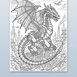Puede incluir: Una p&aacute;gina para colorear en blanco y negro con un drag&oacute;n mec&aacute;nico con engranajes y placas de metal sobre una plataforma. El fondo muestra una ciudad industrial con chimeneas y engranajes. El texto "Big spaces for little hands" est&aacute; en la parte inferior.