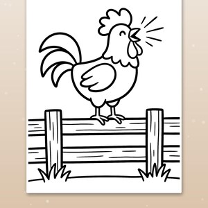 May include: A black and white coloring page featuring a rooster standing on a wooden fence. The rooster has its beak open with radiating lines indicating a crowing sound. The text "Thick, bold lines" is printed at the bottom of the page.