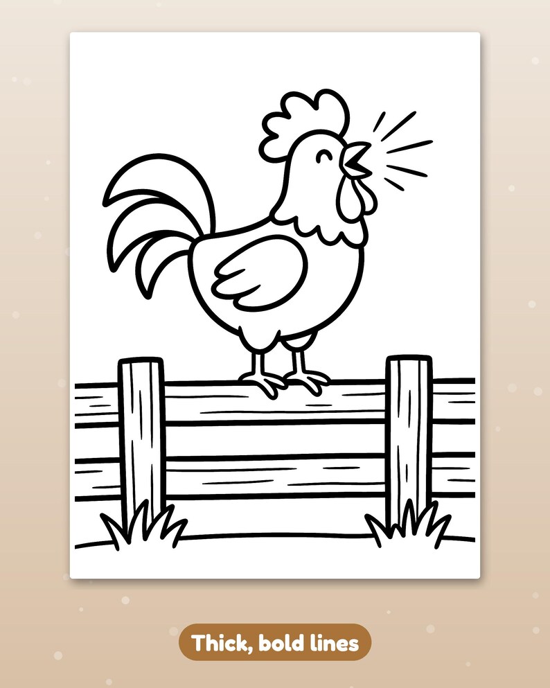 May include: A black and white coloring page featuring a rooster standing on a wooden fence. The rooster has its beak open with radiating lines indicating a crowing sound. The text "Thick, bold lines" is printed at the bottom of the page.