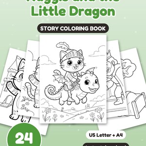 Puede incluir: Un libro para colorear titulado Nuggis and the Little Dragon con 24 páginas. La portada muestra una ilustración en blanco y negro de un gato con casco de caballero montando un pequeño dragón, con el texto US Letter y A4.