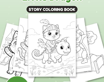 May include: A story coloring book titled Nuggis and the Little Dragon featuring 24 pages. The cover displays a black and white line art illustration of a cat wearing a knight helmet riding a small dragon, with US Letter and A4 text.