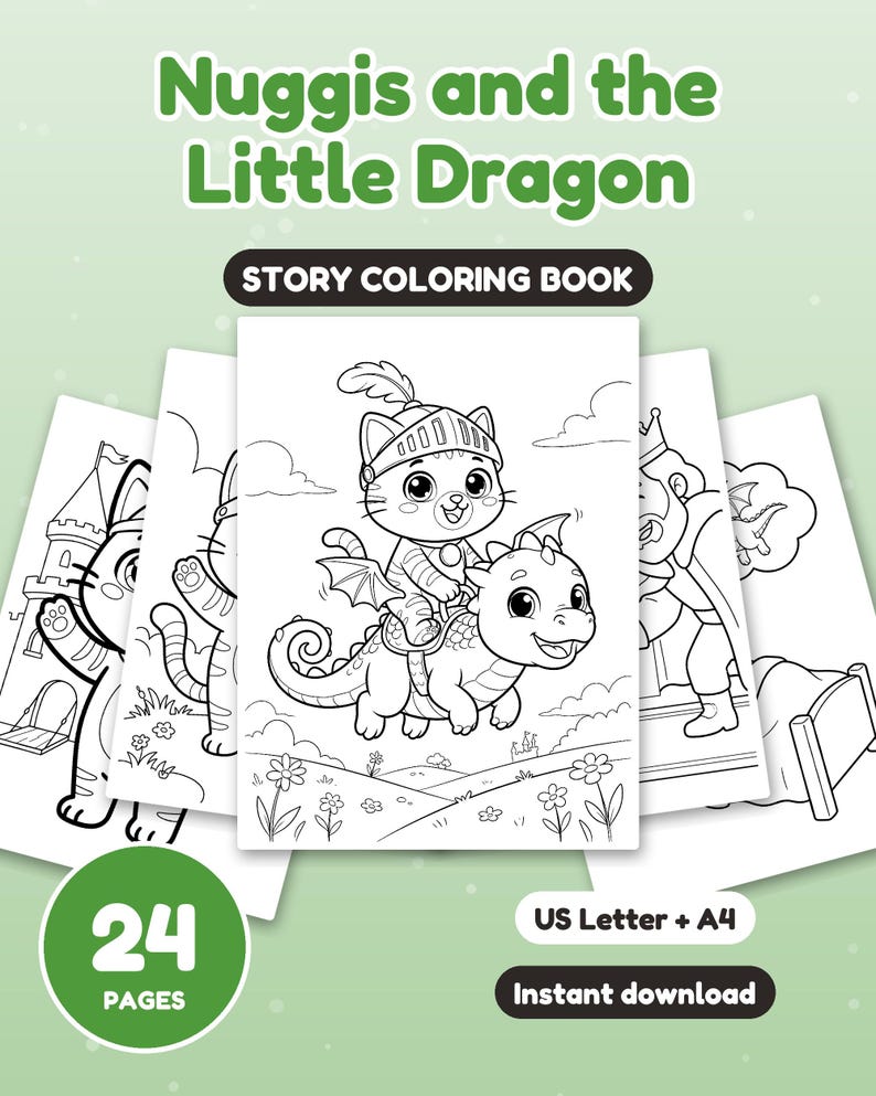 Puede incluir: Un libro para colorear titulado Nuggis and the Little Dragon con 24 p&aacute;ginas. La portada muestra una ilustraci&oacute;n en blanco y negro de un gato con casco de caballero montando un peque&ntilde;o drag&oacute;n, con el texto US Letter y A4.