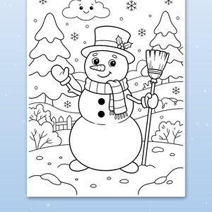 May include: A black and white coloring page featuring a snowman wearing a top hat and scarf, holding a broom. The background shows pine trees, a fence, and a smiling cloud with snowflakes. The text at the bottom reads Big spaces for little hands.