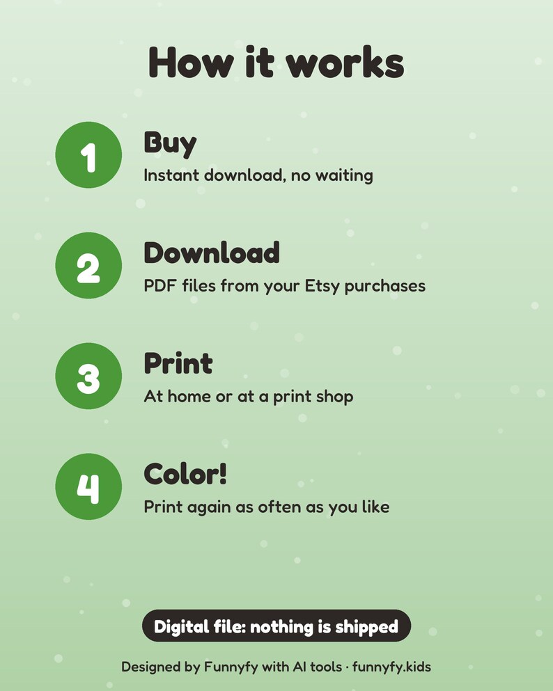 May include: An instructional graphic on a light green background titled How it works. It lists four steps: 1 Buy, 2 Download, 3 Print, and 4 Colour, with brief text for each. A black button at the bottom states Digital file: nothing is shipped.