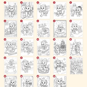 May include: A collection of 24 black and white coloring pages featuring cartoon cats in various Christmas scenes, including Santa Claus, reindeer, sleighs, and decorated trees. The text Everything you get: 24 pages is at the top.