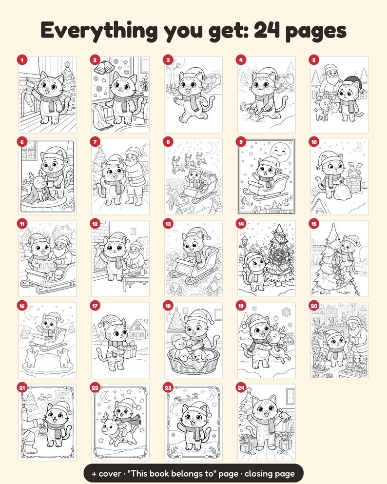 May include: A collection of 24 black and white coloring pages featuring cartoon cats in various Christmas scenes, including Santa Claus, reindeer, sleighs, and decorated trees. The text Everything you get: 24 pages is at the top.