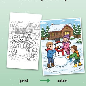 以下が含まれることがあります： 冬の景色の中で3人の子供が雪だるまを作っている塗り絵ページ。テキストには「Color it your way! print, color!」と書かれています。AIで着色された例はインスピレーション用です（ページは白黒で提供されます）。