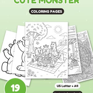 May include: A set of 19 colouring pages titled CUTE MONSTER COLOURING PAGES. The pages feature black and white line art illustrations of various monsters, including a picnic scene with multiple creatures, available in A4 size.