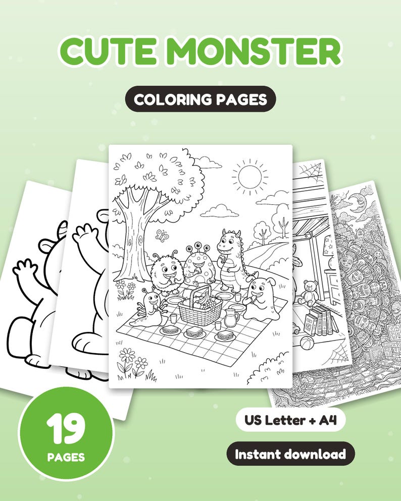 May include: A set of 19 colouring pages titled CUTE MONSTER COLOURING PAGES. The pages feature black and white line art illustrations of various monsters, including a picnic scene with multiple creatures, available in A4 size.