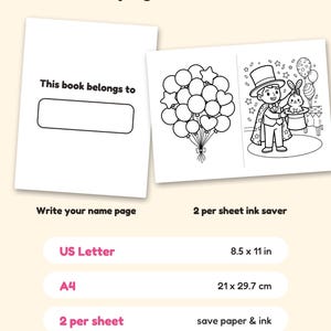 May include: A digital coloring book page set featuring a 'This book belongs to' name page and a magician with a rabbit in a hat next to balloons. Text includes 'Bonus pages & formats', 'US Letter 8.5 x 11 in', 'A4 21 x 29.7 cm', and '2 per sheet'.